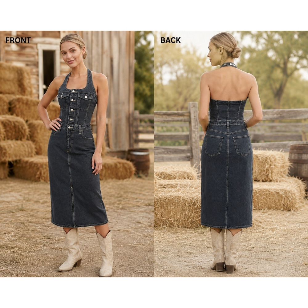 NWT Black Denim Halter Midi Dress Button Front Open Back Universal Thread Size 6 - Picture 9 of 9